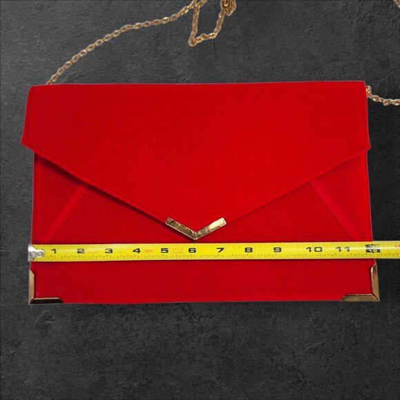 Red Velvet Envelope Clutch Purse Gold Chain Strap Evening Bag Wedding Party - Picture 7 of 8
